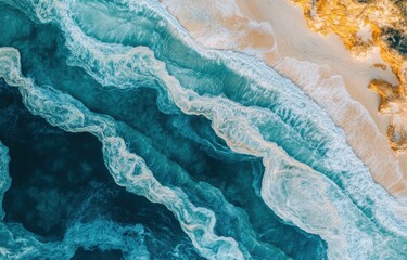 Fototapeta premium Aerial View of Turquoise Ocean Waves Crashing on Sandy Beach, Capturing the Beauty of Coastal Landscapes and Nature's Stunning Patterns