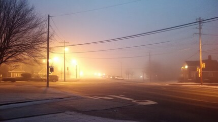 Dark, empty urban street at night with faint city lights through fog, streetlights off, occasional distant car alarm, eerie atmosphere highlighting sudden power loss in bustling city.