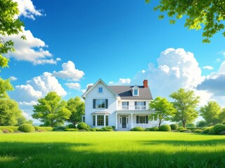 A sun-drenched home lawn, low angle view, with a vibrant sky. AI-generated.