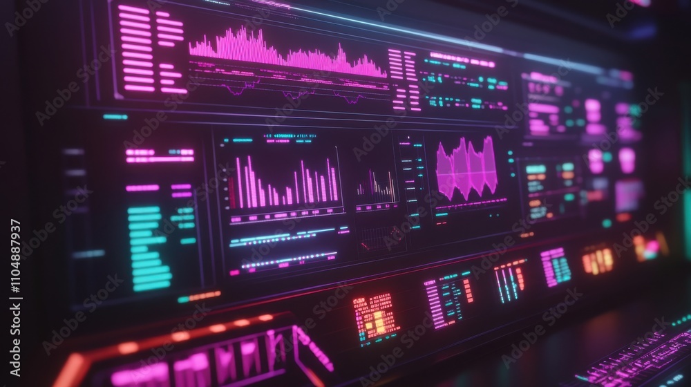 Poster futuristic data dashboard with bright neon graphs and metrics