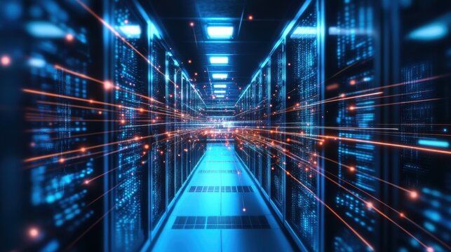 Futuristic Data Center with Light Trails and Server Racks