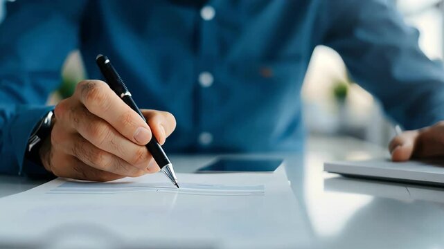 A close-up of a hand writing notes with a pen on a notepad, showcasing productivity and focus in a modern workspace.