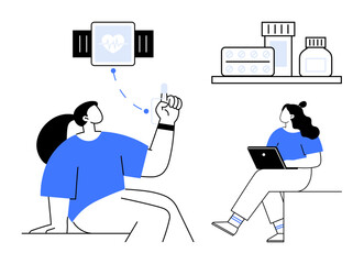 Two individuals interacting one using a smartwatch for health monitoring, the other with a laptop. Medication shelf above. Ideal for telemedicine, digital health, remote checkups, mHealth apps