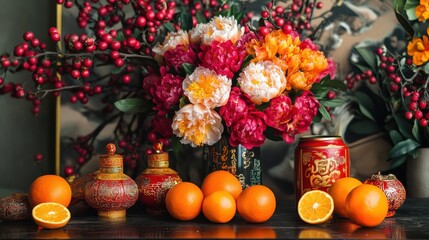 Chinese New Year floral decor combining fresh flowers, oranges, and traditional red ornaments for a vibrant celebration