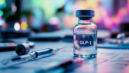 A glass vial labeled 'GLP-1' with syringe on a desk with a stock chart and other medical equipment in the background