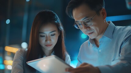 Closeup of Asian man and woman analyzing data on a tablet in an office with blurred techthemed background, digital strategy concept