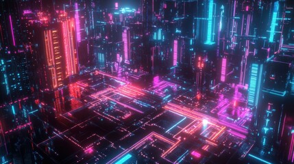 Futuristic Neon Cityscape with Glowing Buildings and Grid Patterns