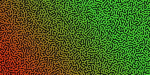 Abstract Reaction-diffusion Turing pattern natural texture green and orange gradient color scheme. Linear design with biological algorithm psychedelic background. Reaction-diffusion or truing patter