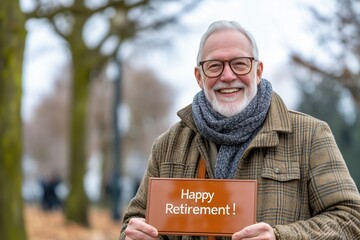 Elderly man with a kind smile celebrates retirement in a serene outdoor setting