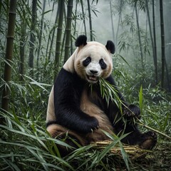 Obraz premium A panda eating bamboo in a tranquil, misty bamboo forest.