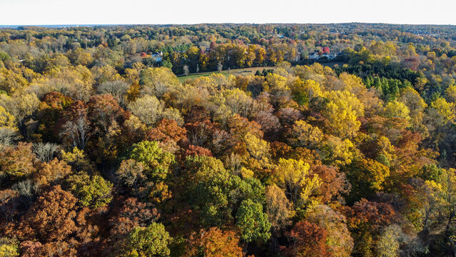 Aerial view of Newlin Grist Mill Park in fall in Glen Mills, Pennsylvania in the suburb of Philadelphia