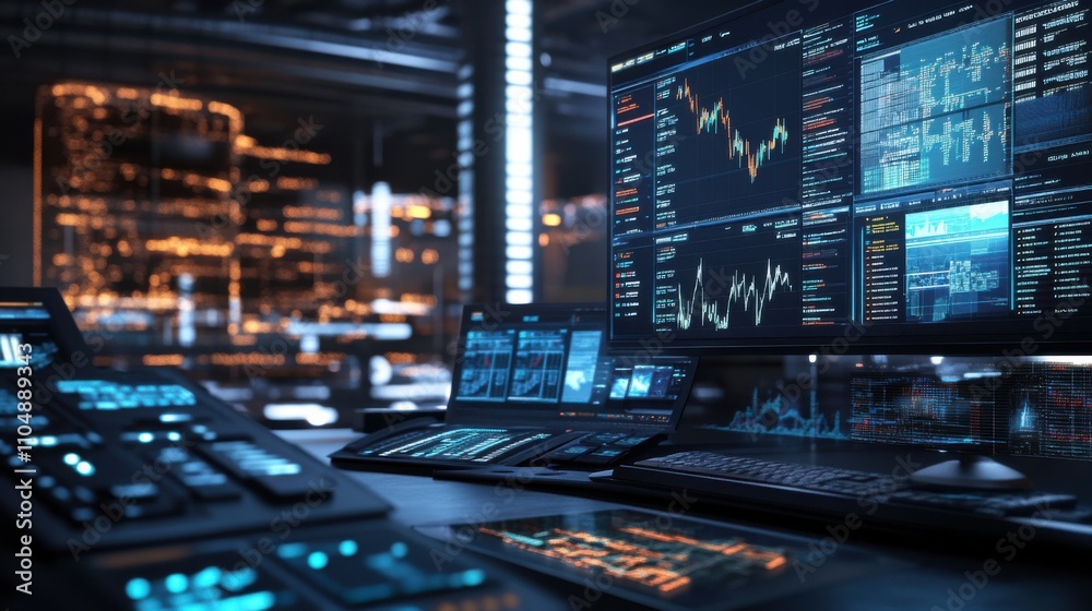 Poster high-tech digital trading workspace with multiple monitors and data