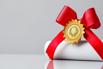 A 3D-rendered certificate scroll with a vibrant red ribbon and embossed golden seal, placed on a reflective surface