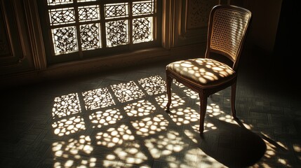 Dramatic lighting casting intricate shadow patterns around lone chair