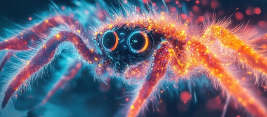 Close-up of a spider with bright blue and red lights illuminating it, creating a mesmerizing effect.
