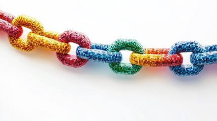 pixelated chain with multicolored links in red, blue, yellow, and green, on a solid white background