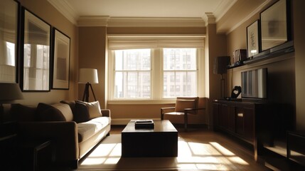 Fototapeta premium Sunlit Living Room Interior Design: Modern Elegance