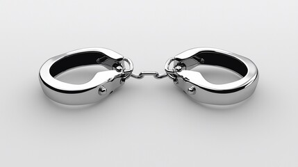 A pair of chrome handcuffs, isolated on a plain white background, with a smooth, polished finish.