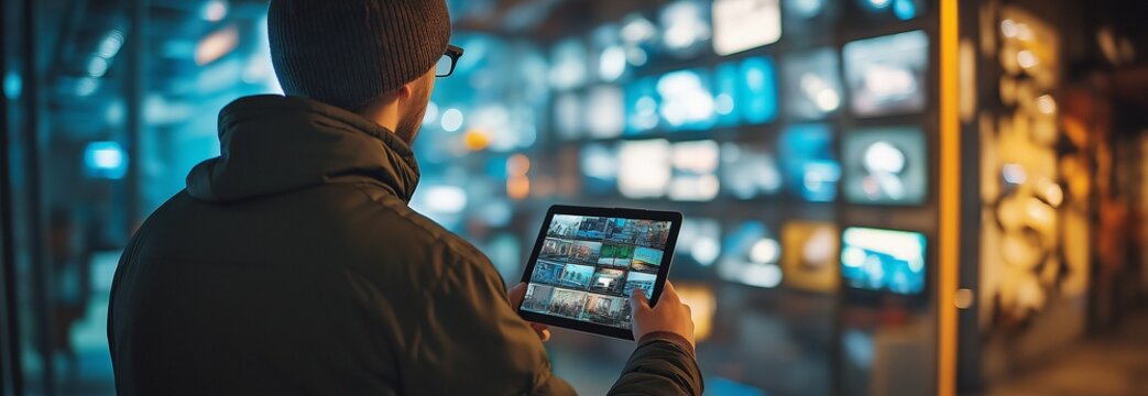 A person in a contemporary surveillance room with a security camera is watching security footage on a tablet.