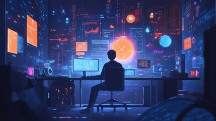 Obraz premium Futuristic Data Analysis Workspace with Neon Visualization Elements