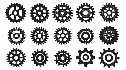 Collection of Black Gear Icons.  Mechanical Illustrations