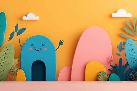 A cheerful 2D cartoon of a smiling character waving goodbye in a fun, bold style with bright colors