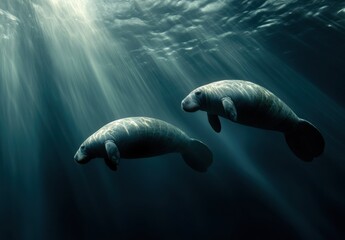 Obraz premium Ethereal Underwater Scene Featuring Two Manatees Gracefully Swimming in Dim Light with Ray Beams Illuminating the Ocean Depths and Creating a Serene Environment
