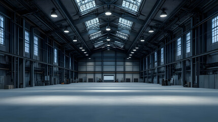 Obraz premium Vast Industrial Warehouse Interior. A Spacious, Dark Setting