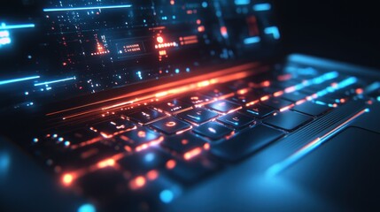 Obraz premium A close-up of a laptop keyboard with glowing blue and orange lines.