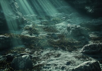 Obraz premium Ethereal Underwater Scene with Sunlight Rays and Marine Elements, Showcasing a Mystical Depth and Tranquil Atmosphere Surrounded by Rocks and Marine Life