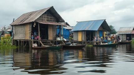 Fototapeta premium Floating markets and villages, with water-based shops and homes