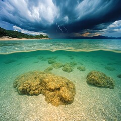 Fototapeta premium Dramatic storm clouds over a tranquil beach scene with underwater rocks visible.