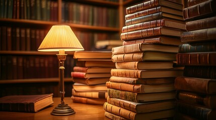 Cozy library corner with books soft light and shadows