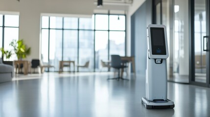 A state-of-the-art telepresence robot in a modern office, bright setting with the robot interacting, Professional style