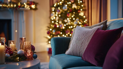 Living room interior with Christmas tree, holiday decorations and fireplace