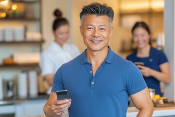 Middle-aged Asian man making contactless payment at modern cafe during a soft morning light