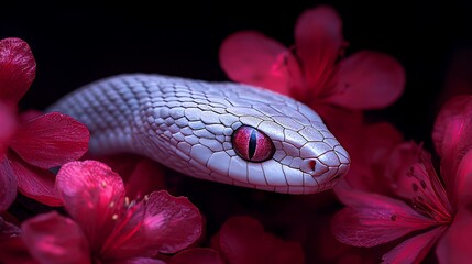 Fototapeta premium Close-up of a white snake surrounded by vibrant pink flowers.