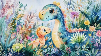 Obraz premium Enchanted Dinosaur Duo in a Watercolor Garden
