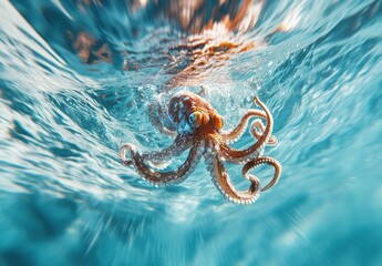 Fototapeta premium Magical Underwater Scene Featuring a Colorful Octopus Swimming Gracefully Through Crystal Clear Ocean Water, Showcasing its Unique Tentacles and Vibrant Colors