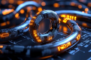 A dynamic digital illustration of bytes flowing through a futuristic pipeline, with bright neon elements and abstract patterns