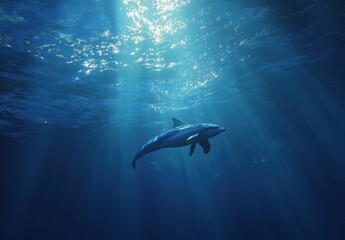 Fototapeta premium Majestic Dolphin Swimming Gracefully in Sunlit Ocean Depths, Capturing the Beauty and Serenity of Underwater Life with Glowing Sun Rays Above