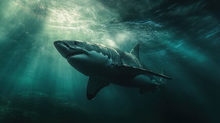 Fototapeta premium Majestic Great White Shark Swimming Gracefully Through the Deep Ocean Waters Illuminated by Sunlight Rays Filtering Beneath the Surface