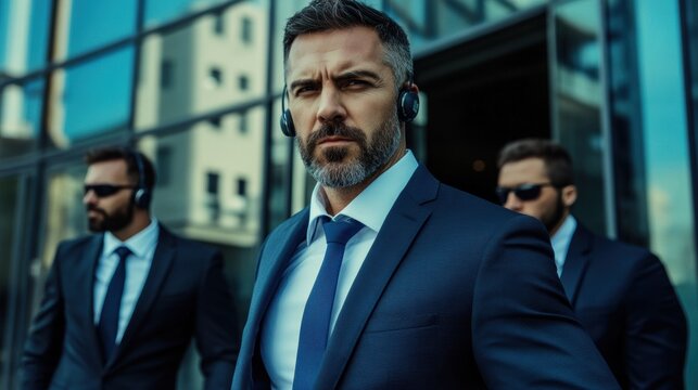 High-profile security team protecting an executive entering a building, with visible earpieces and tactical readiness