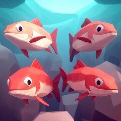 Naklejka premium Four low-poly red fish swimming in underwater scene.