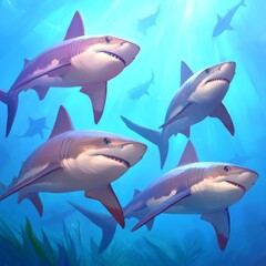 Fototapeta premium Four sharks swimming underwater in a vibrant ocean scene.