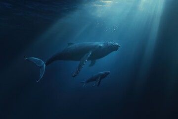 Fototapeta premium Majestic Humpback Whales Swimming Beneath Soft Sunlight in a Tranquil Ocean Environment Captured in Stunning Underwater Photography