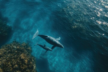 Naklejka premium Majestic Humpback Whales Swimming Gracefully Above Vibrant Coral Reefs in Crystal Clear Blue Waters of an Ocean Paradise