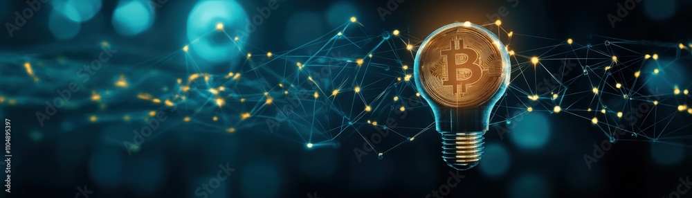 Poster Creative Concept of a Light Bulb Shaped Bitcoin Symbolizing Innovation and Technology in the Cryptocurrency Market with Abstract Connections in a Digital Environment