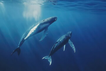Fototapeta premium Majestic Humpback Whales Swimming Gracefully Beneath the Ocean Surface with Sunlight Streaming Through the Water to Create a Stunning Seascape Scene