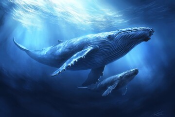 Naklejka premium Majestic Humpback Whales Swimming Gracefully Beneath the Surface of the Ocean in Vibrant Blue Light